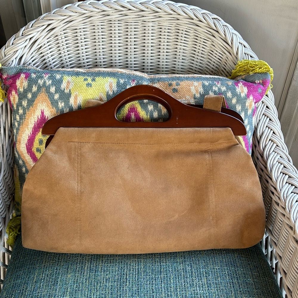 Vintage Suede wooden clutch/cross body strap large bag